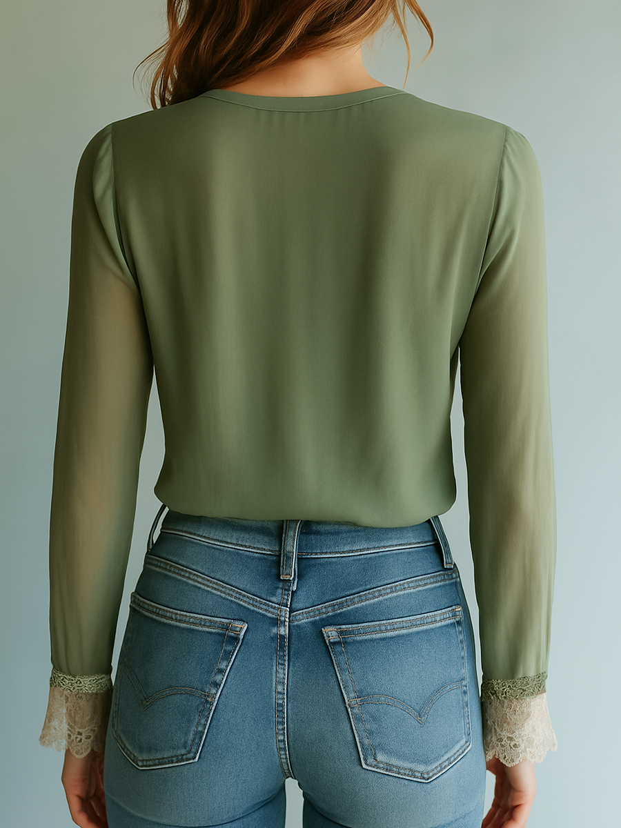 Damska Bluzka z Kwiatowej Koronki z Przezroczystymi Długimi Rękawami i Falowanymi Krawędziami