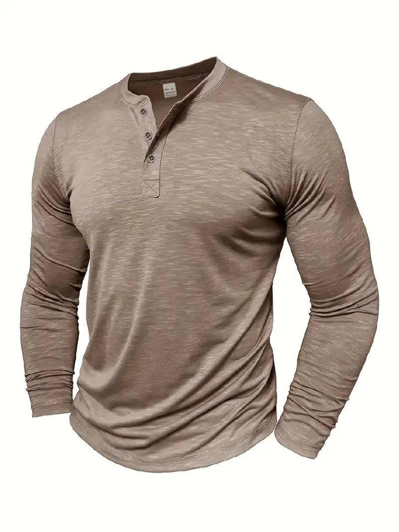 Męski T-shirt Henley z Długim Rękawem i Zapięciem na Guziki
