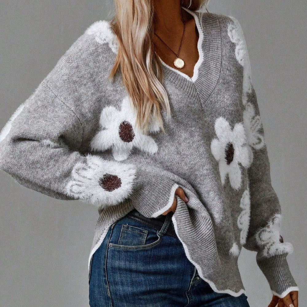 Damski Sweter Dzianinowy z Wzorem Kwiatowym i Dekoltem w Serek