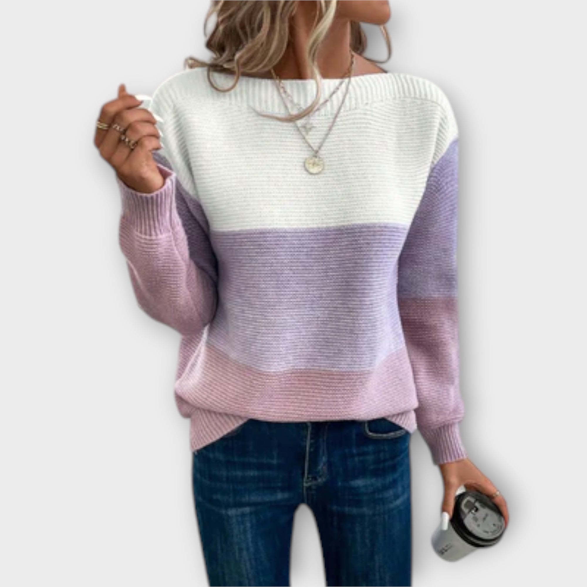 Damski Jesienny Sweter Patchwork z Trójkolorowym Wzorem
