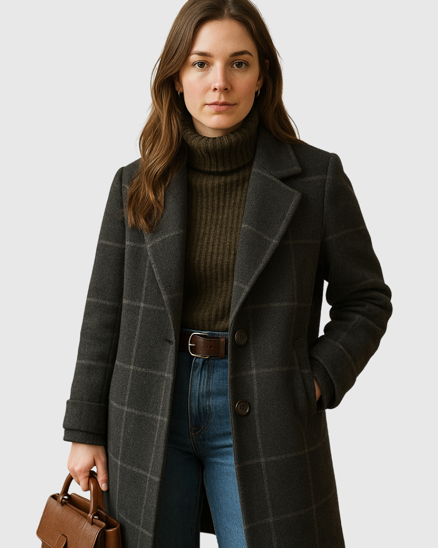 Damski Zimowy Płaszcz w Kratę z Dopasowaną Talią i Wysokim Kołnierzem
