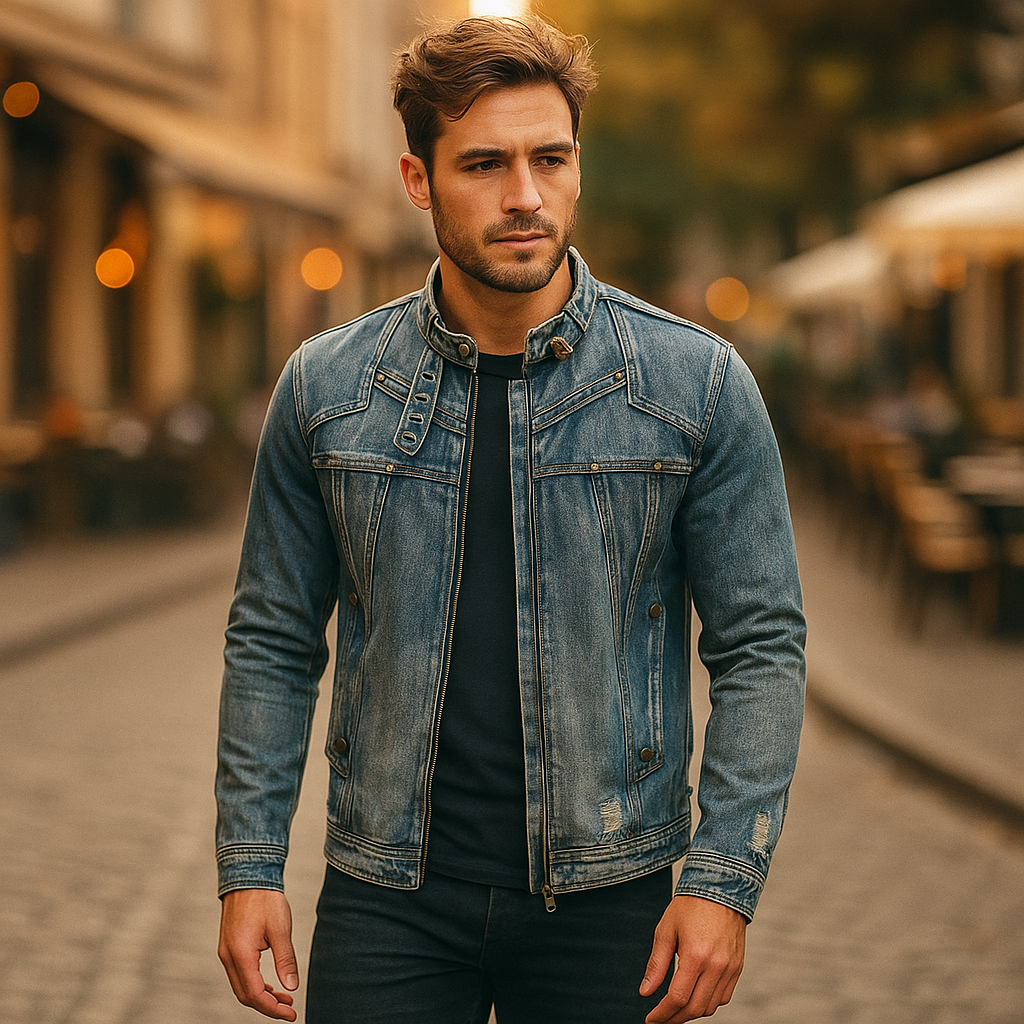 Męska kurtka dżinsowa ze stójką, mosiężnymi detalami i wzmocnionymi szwami