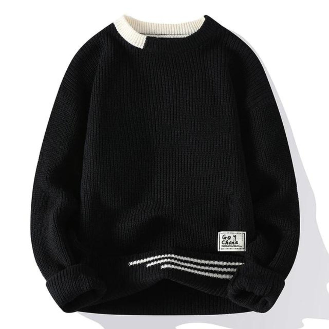 Męski sweter dzianinowy z prążkowaną fakturą i dekoltem typu crewneck