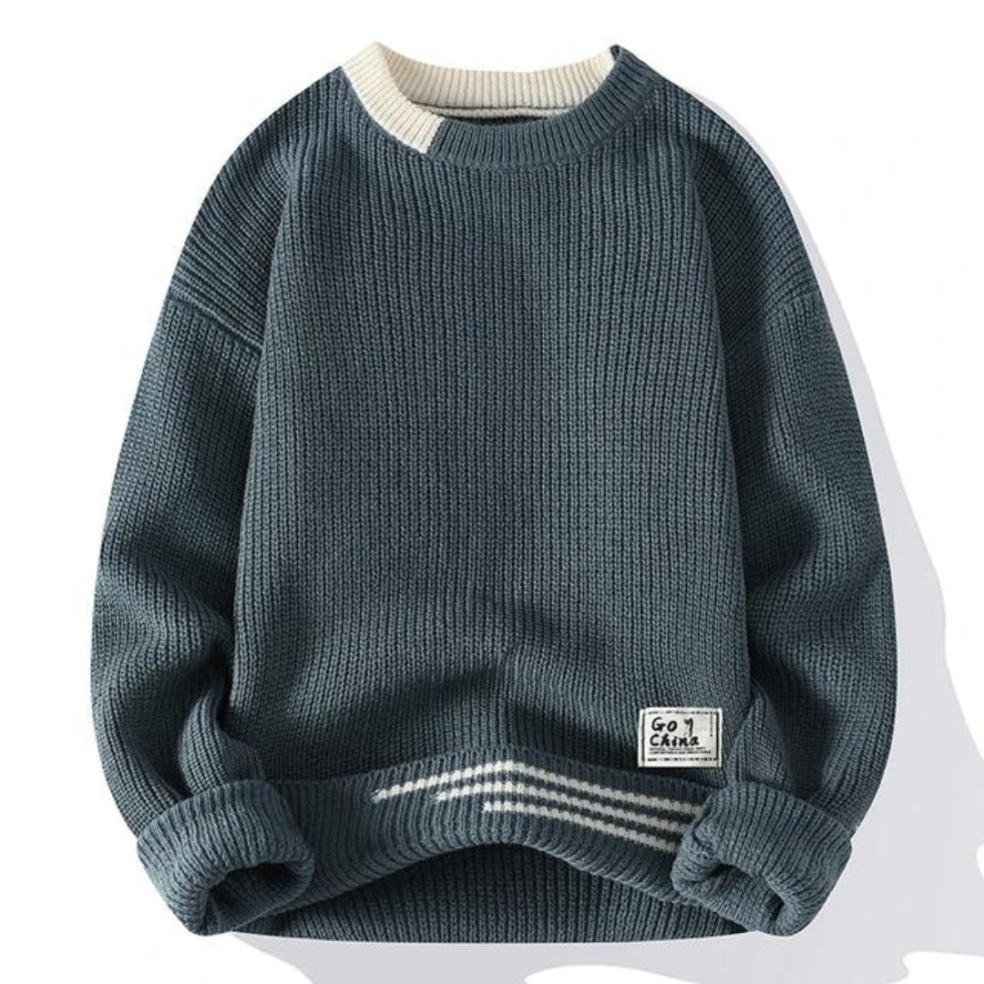 Męski sweter dzianinowy z prążkowaną fakturą i dekoltem typu crewneck