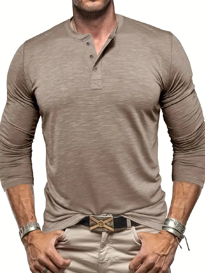 Męski T-shirt Henley z Długim Rękawem i Zapięciem na Guziki