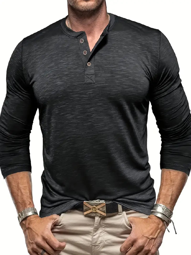 Męski T-shirt Henley z Długim Rękawem i Zapięciem na Guziki