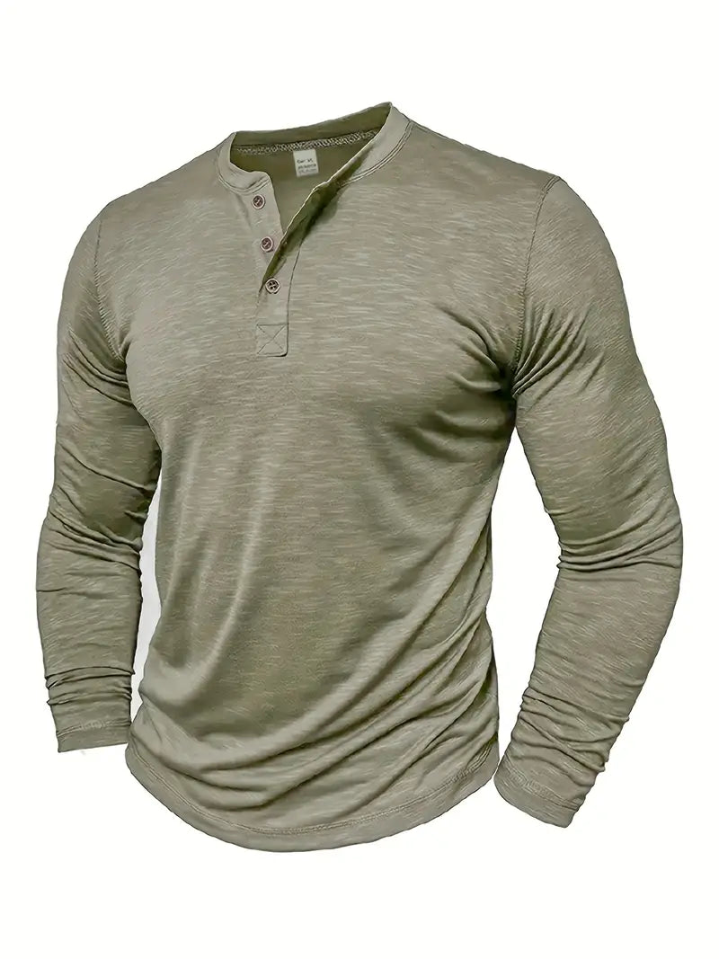 Męski T-shirt Henley z Długim Rękawem i Zapięciem na Guziki