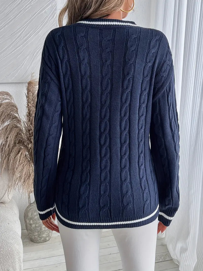 Damski Sweter z Dekoltem V, Prążkowanymi Wykończeniami i Luźnym Krojem