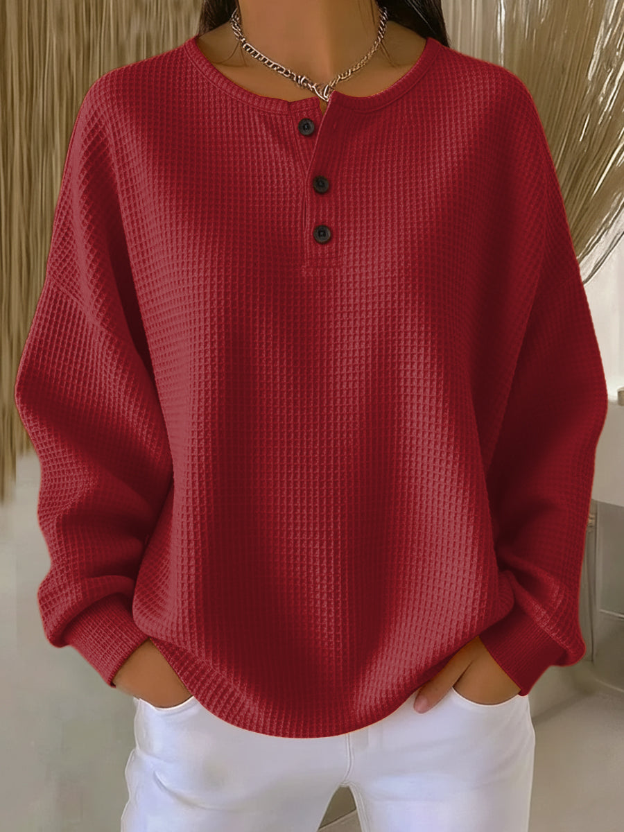 Damska Bluza z Dekoltem Henley i Wafelową Dzianiną
