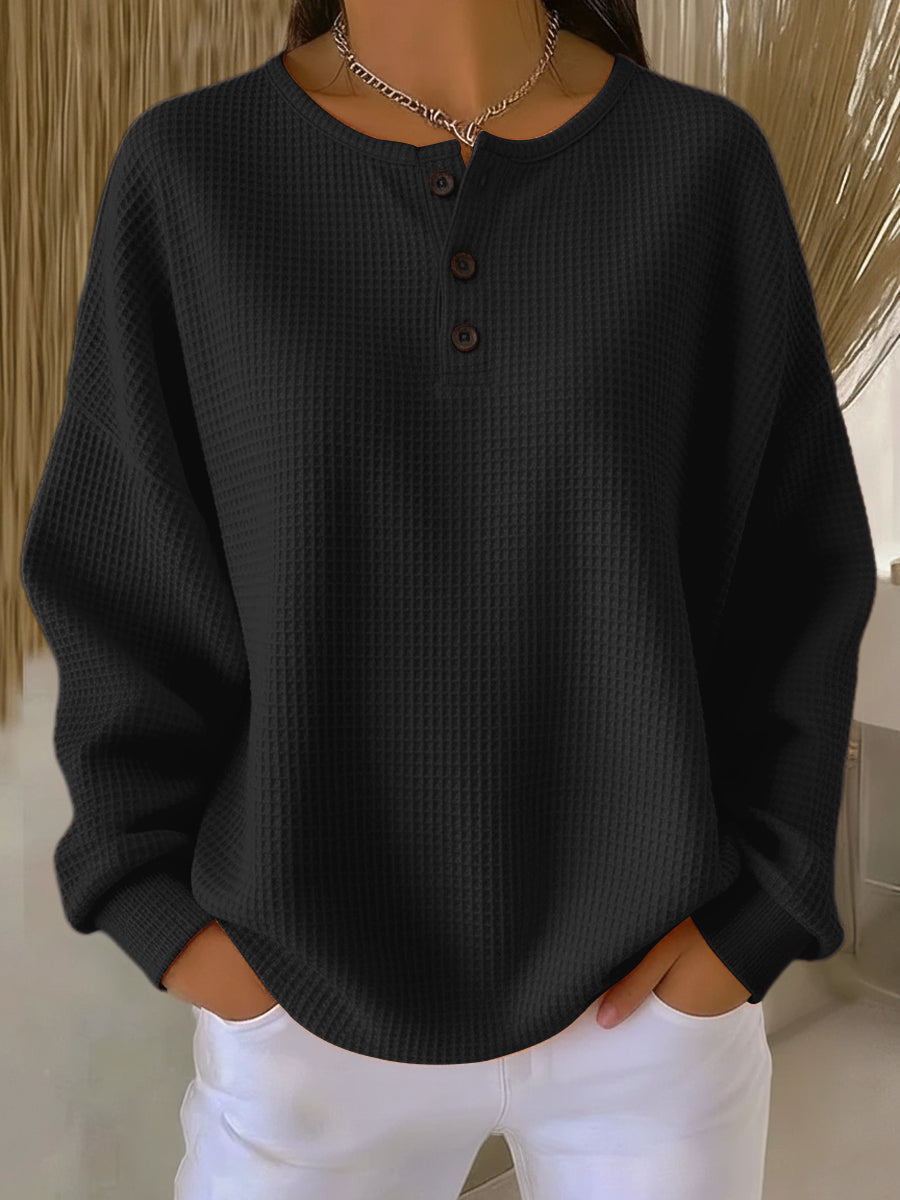 Damska Bluza z Dekoltem Henley i Wafelową Dzianiną
