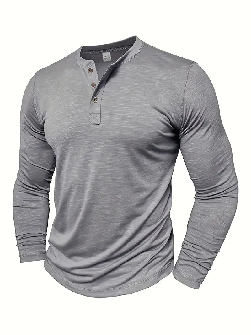Męski T-shirt Henley z Długim Rękawem i Zapięciem na Guziki