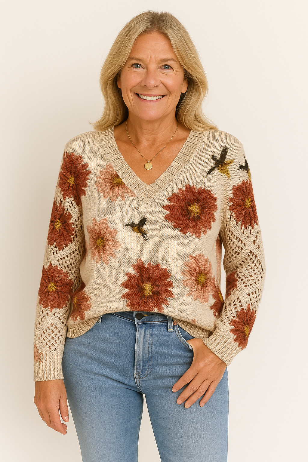 Damski Sweter z Ażurowymi Rękawami i Miękką Strukturą