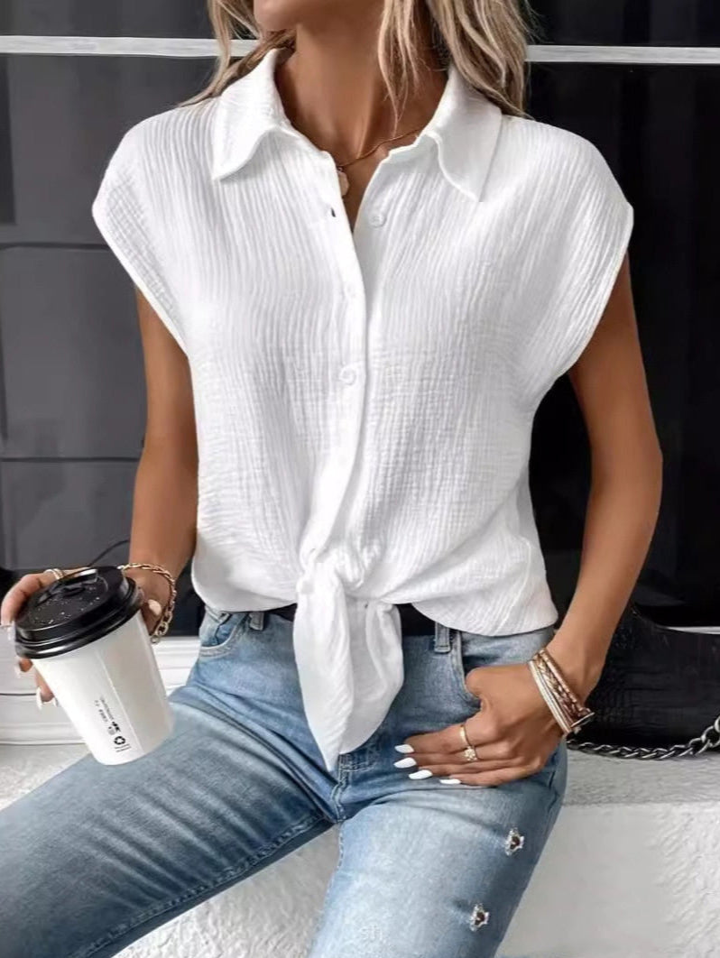 Damska Bluzka z Krótkim Rękawem Guzikami i Haftowanym Detalem