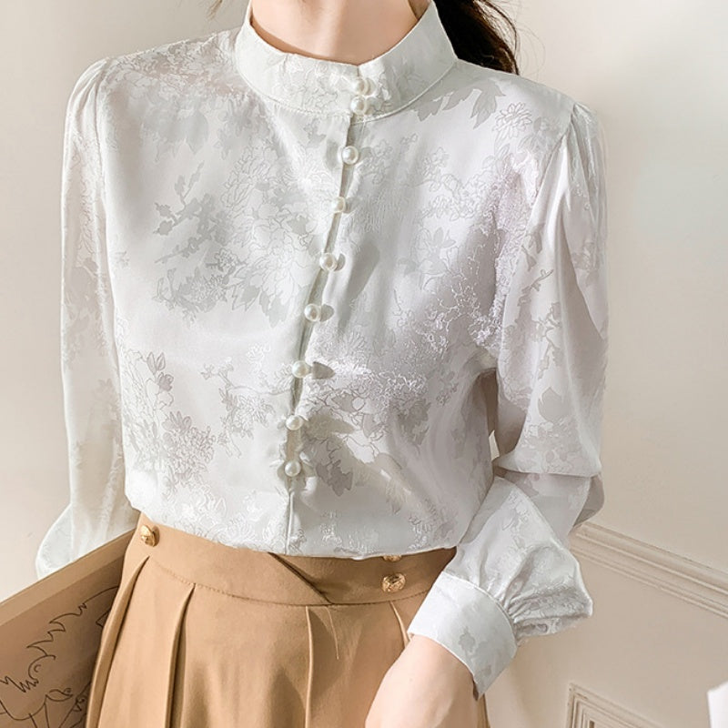 Damska Jesienna Koszula ze Stójką Perełkami i Długimi Rękawami