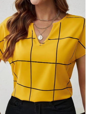 Damska Letnia Koszula w Kratkę z Wycięciem przy Szyi i Krótkimi Rękawami