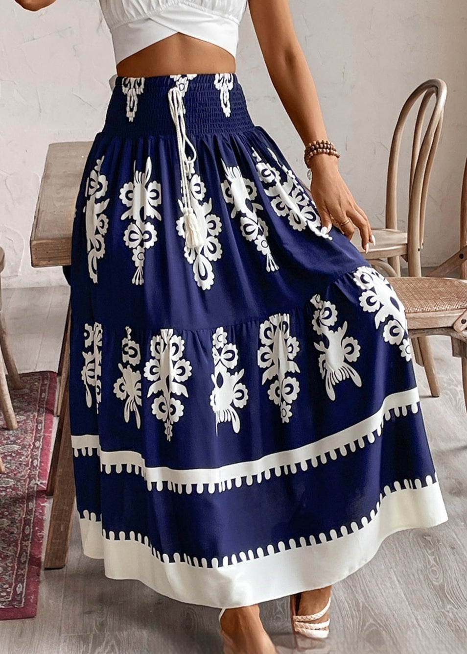 Damska Letnia Spódnica z Geometrycznym Printem i Marszczonym Pasem