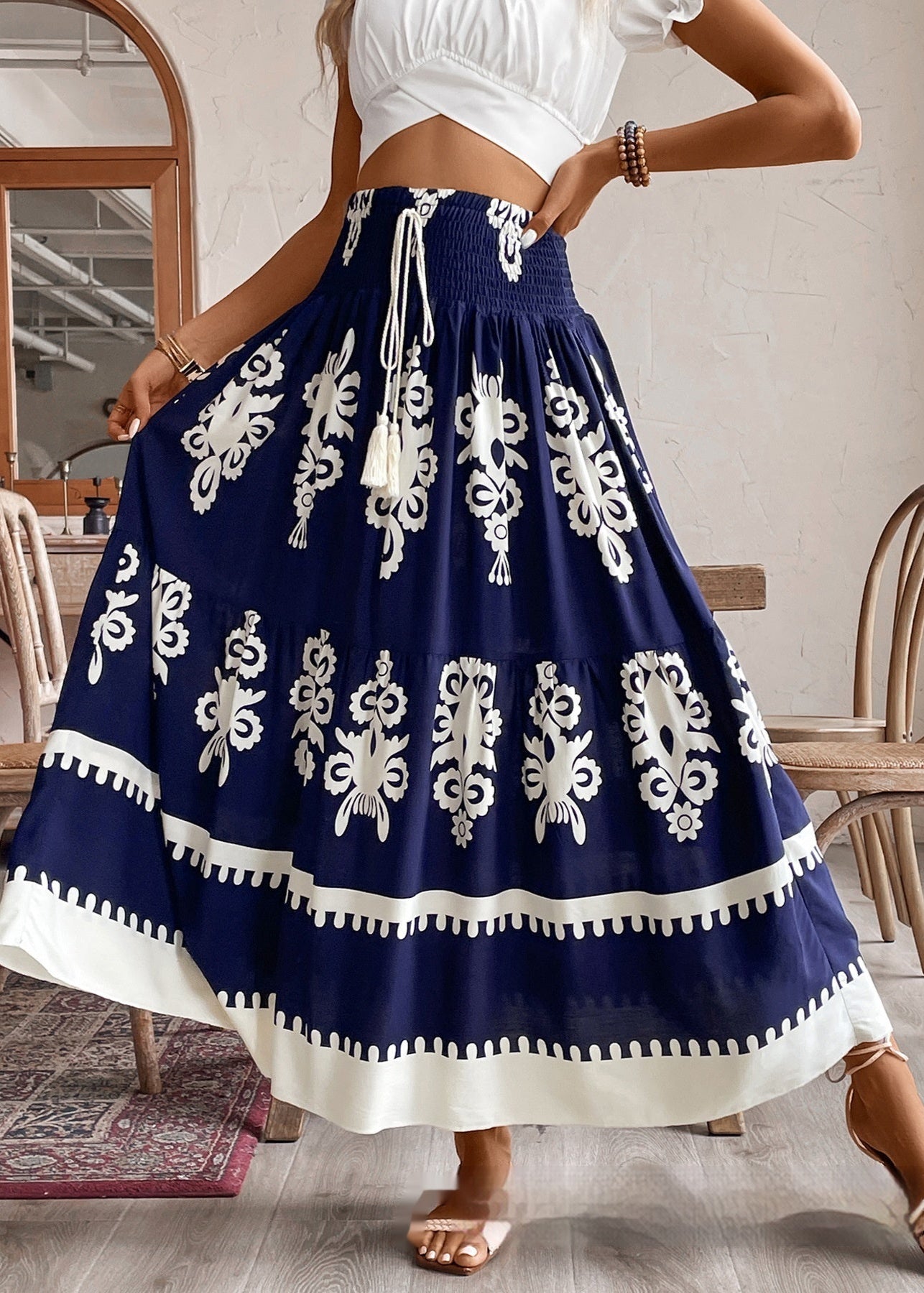 Damska Letnia Spódnica z Geometrycznym Printem i Marszczonym Pasem