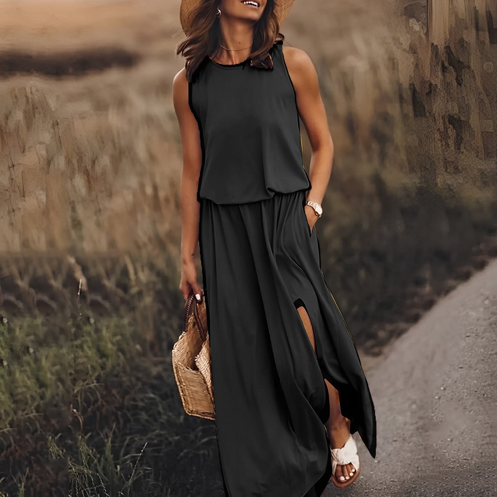 Damska Letnia Sukienka Maxi bez Rękawów w Stylu Retro