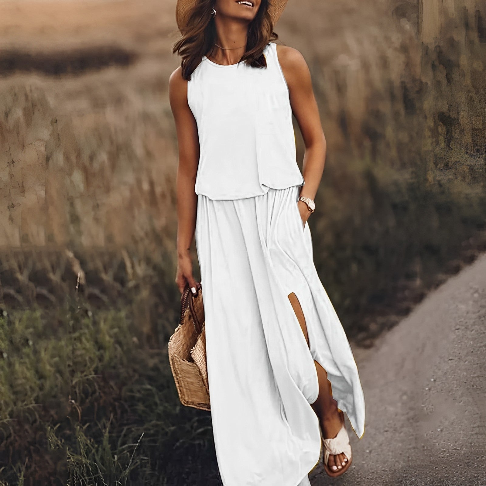 Damska Letnia Sukienka Maxi bez Rękawów w Stylu Retro
