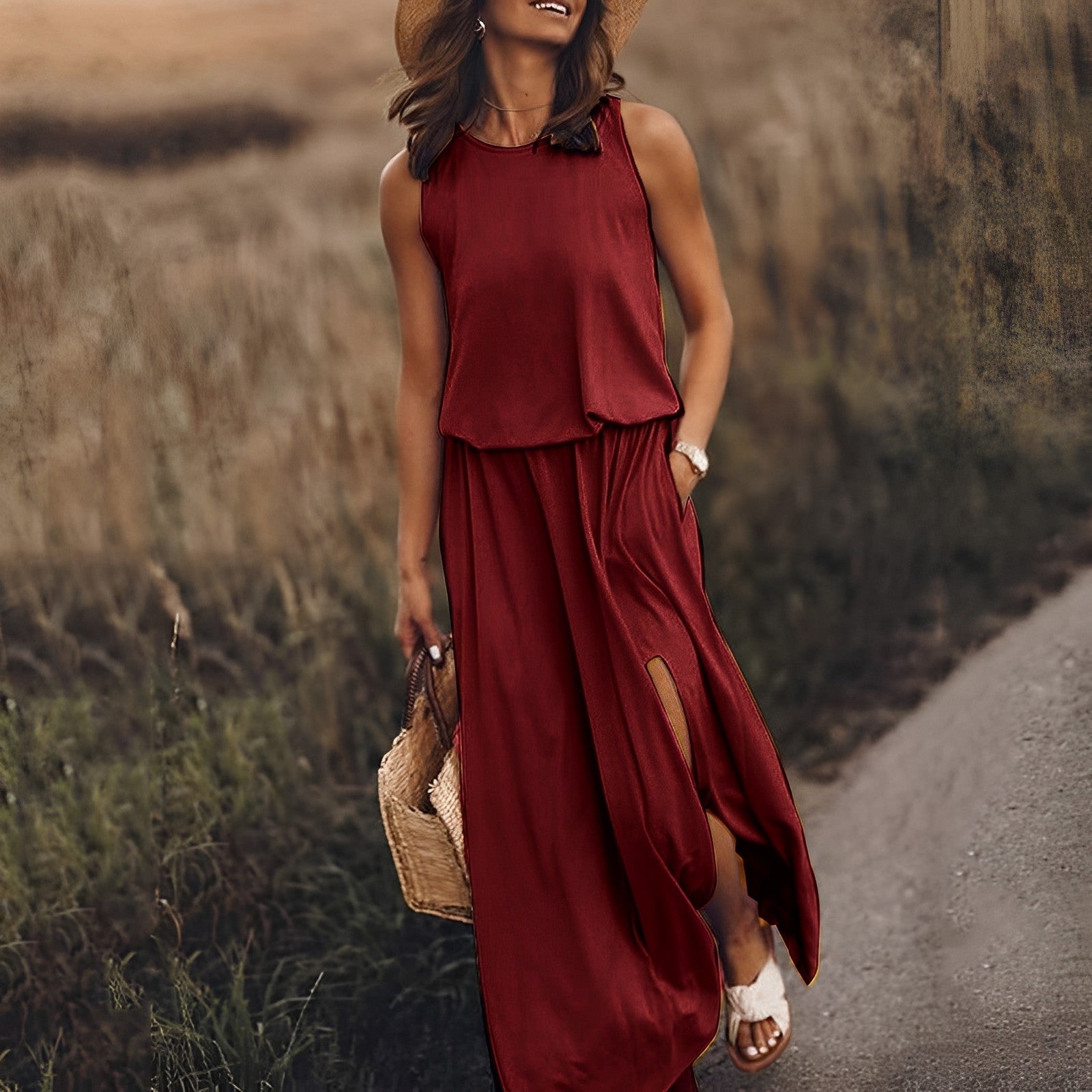 Damska Letnia Sukienka Maxi bez Rękawów w Stylu Retro