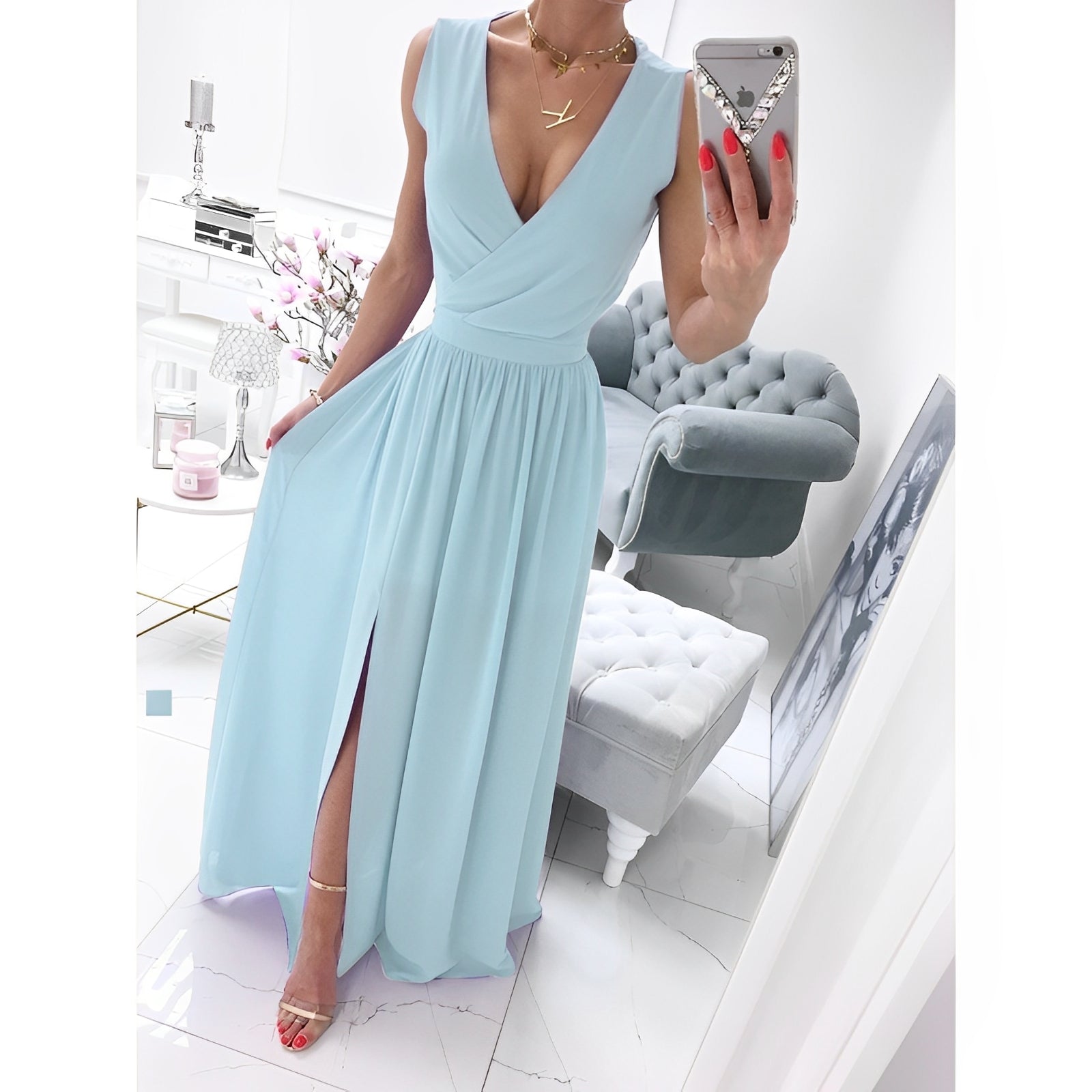 Damska Letnia Sukienka Maxi z Dekoltem V Bez Rękawów i Drewnianymi Guzikami