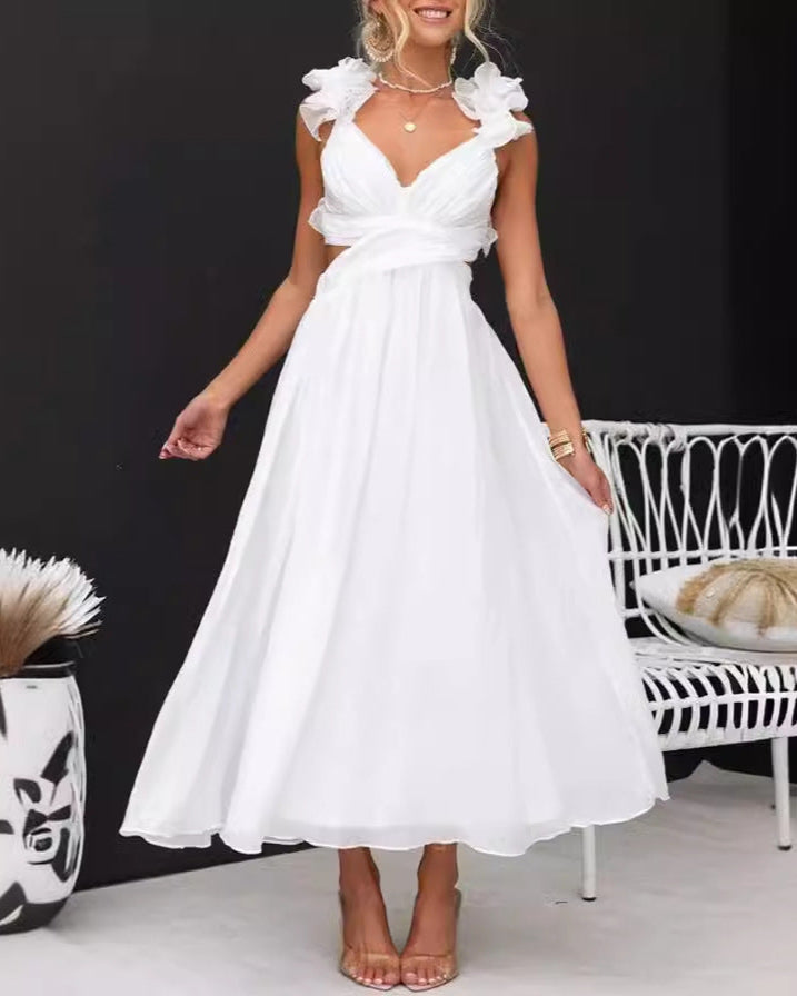 Damska Letnia Sukienka bez Rękawów z Wiązaniem z Przodu i Plisowaną Falbanową Spódnicą