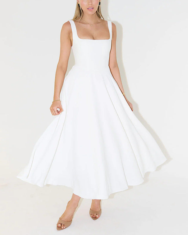 Damska Sukienka Midi bez Rękawów z Wysokim Stanem Regulowanymi Ramiączkami i Dopasowanym Krojem