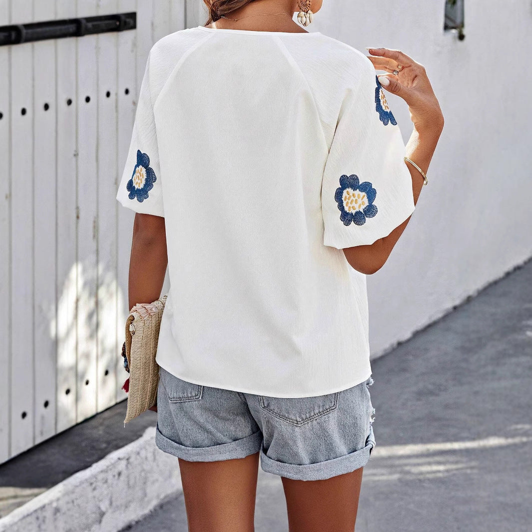 Damska Wiosenna Bluzka z Dekoltem w Serek Długimi Rękawami i Wiązaniem