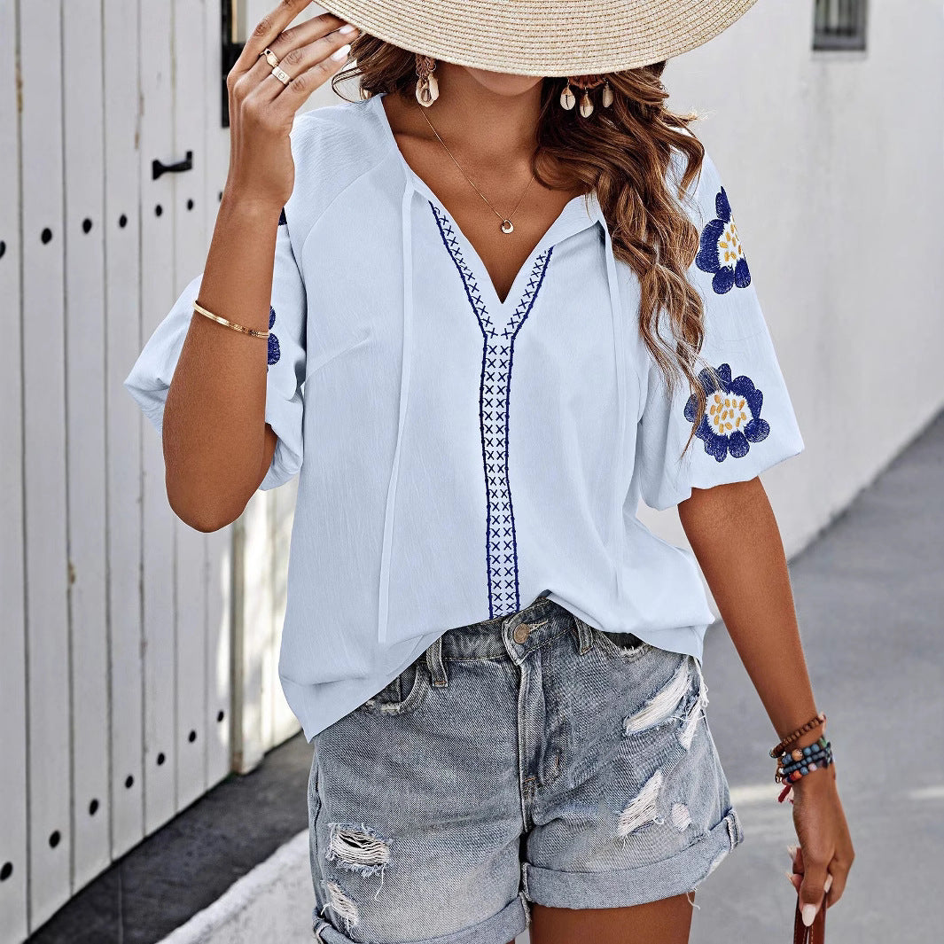 Damska Wiosenna Bluzka z Dekoltem w Serek Długimi Rękawami i Wiązaniem