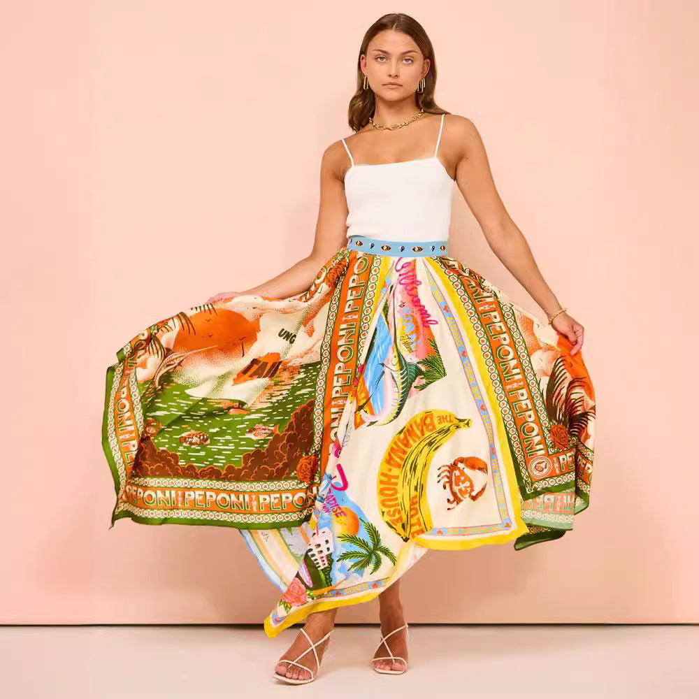 Damska Wiosenna Spódnica Midi z Asymetrycznym Dołem i Kwiatowym Printem