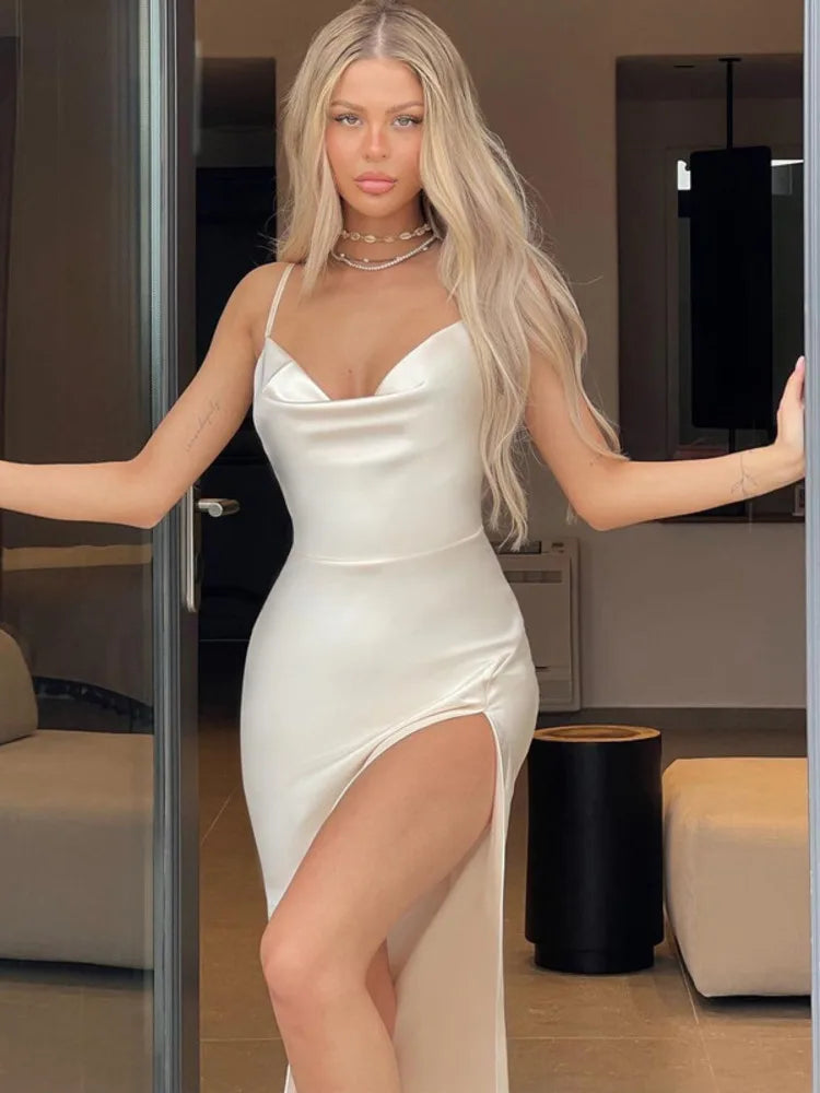 Damska Wiosenna Sukienka Maxi z Odkrytymi Plecami Cienkimi Ramiączkami i Rozcięciem