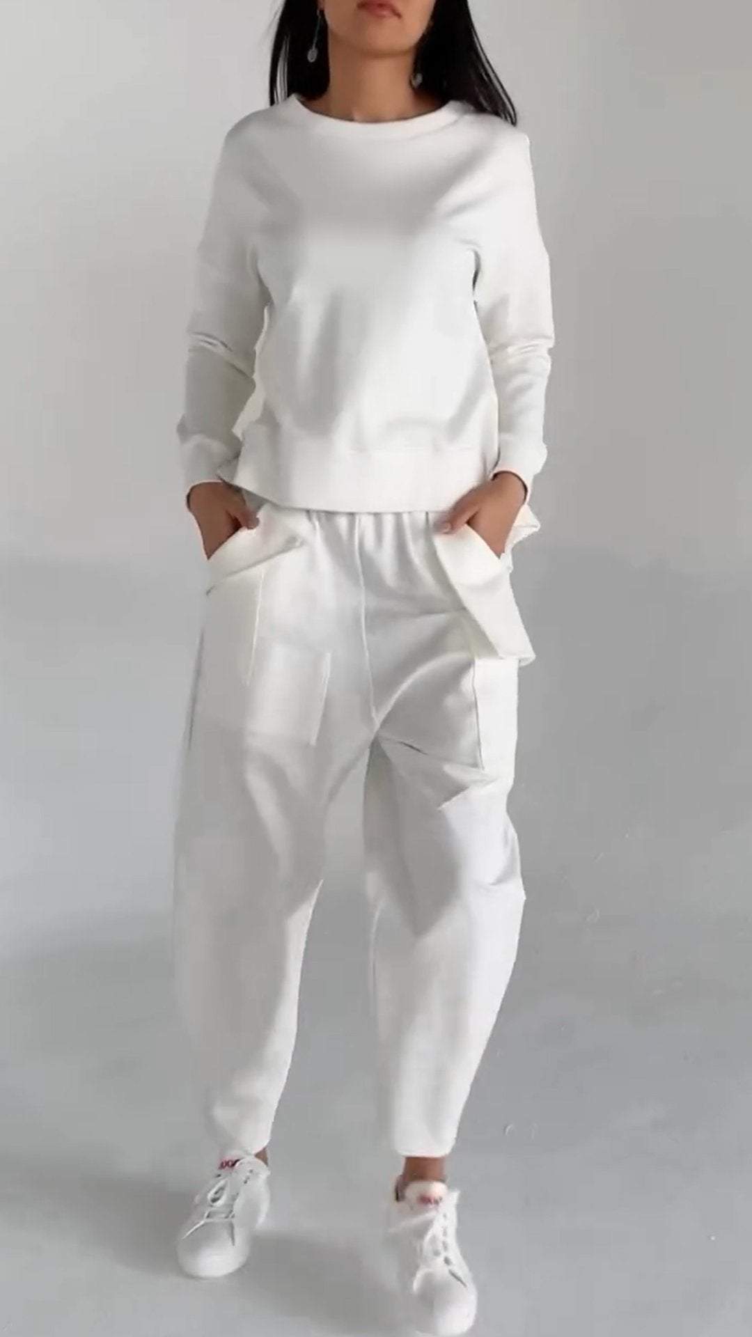 Damski Komplet Dzianinowy z Bluzką z Długim Rękawem i Spodniami z Prosta Nogawką