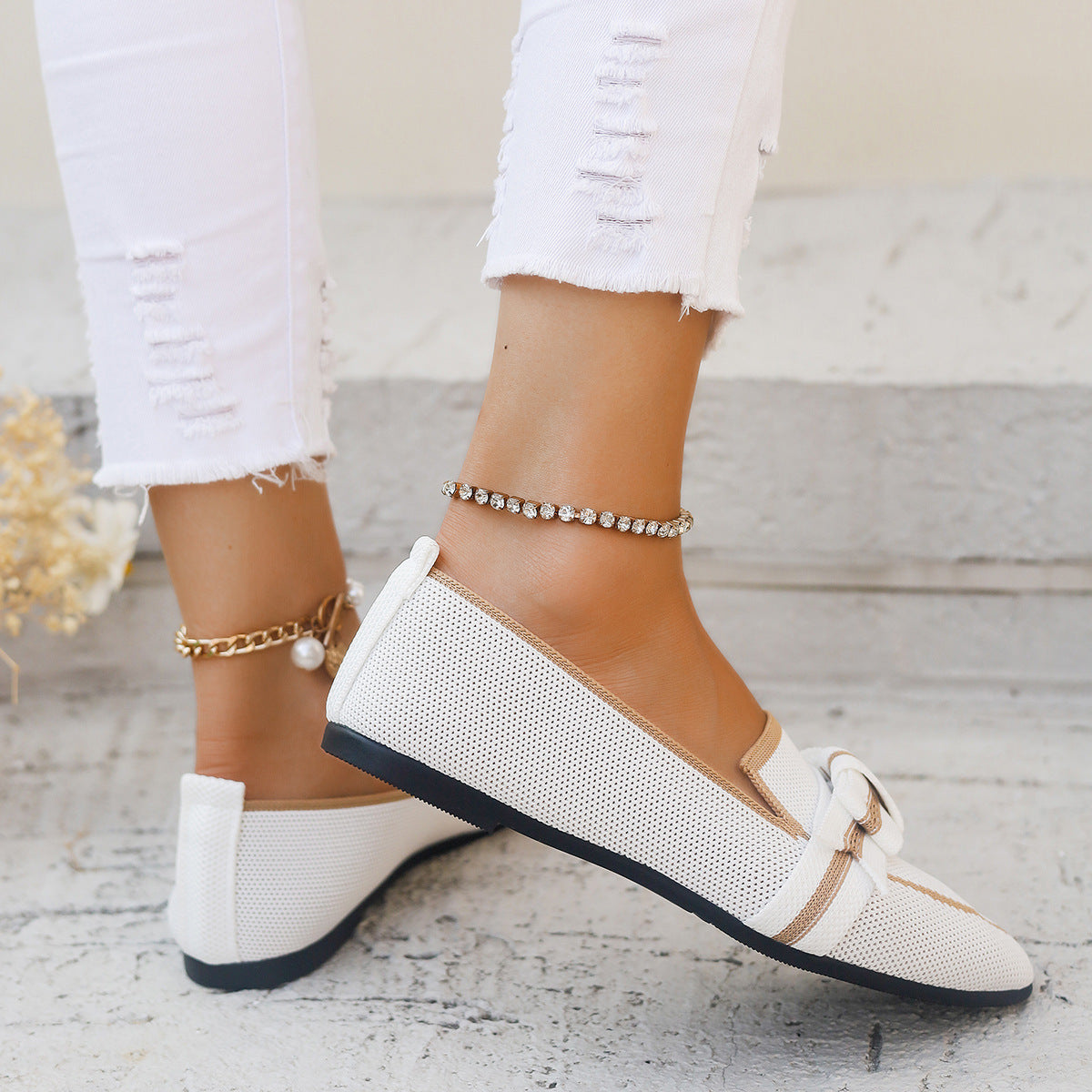 Damskie Baleriny z Kokardką i Niskim Obcasem