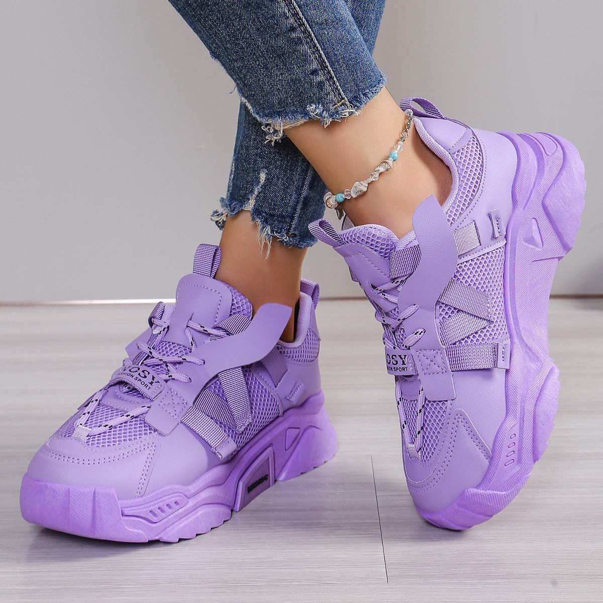 Damskie Buty do Biegania z Siateczkową Cholewką i Podwyższoną Podeszwą