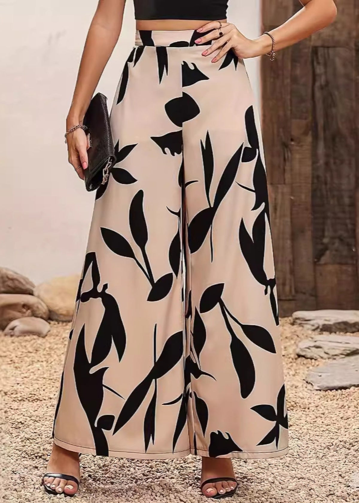 Damskie Wiosenne Spodnie z Wysokim Stanem w Liściasty Nadruk i Szerokimi Nogawkami
