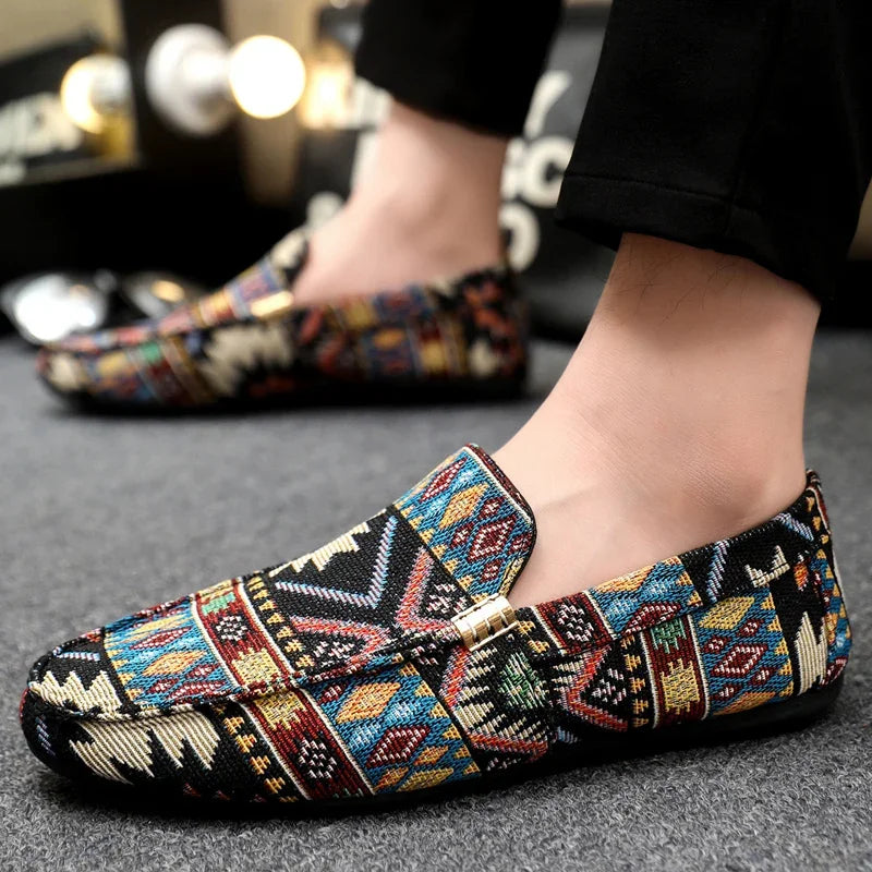Męskie Loafersy z Płótna z Wzorem Azteckim i Gumową Podeszwą