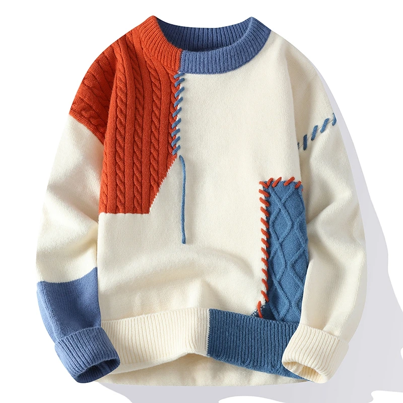 Męski sweter dzianinowy z panelami warkoczowymi typu patchwork i wykończeniem whipstitch
