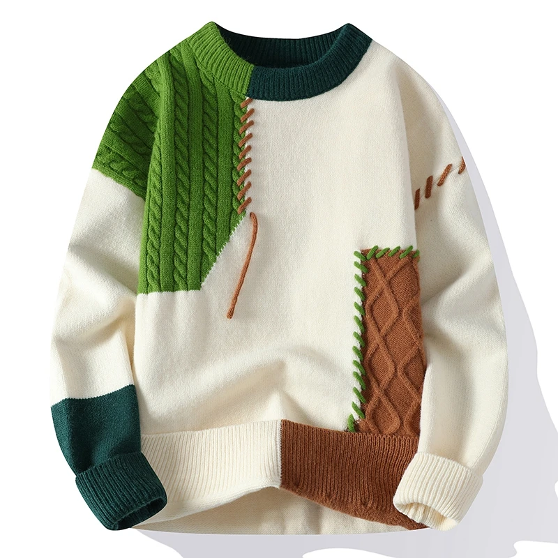 Męski sweter dzianinowy z panelami warkoczowymi typu patchwork i wykończeniem whipstitch