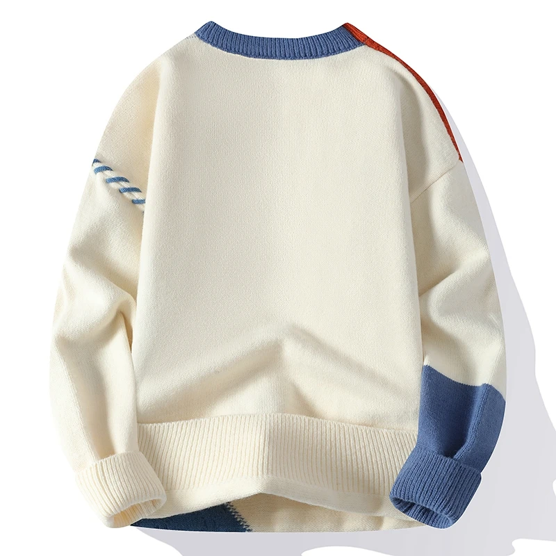 Męski sweter dzianinowy z panelami warkoczowymi typu patchwork i wykończeniem whipstitch