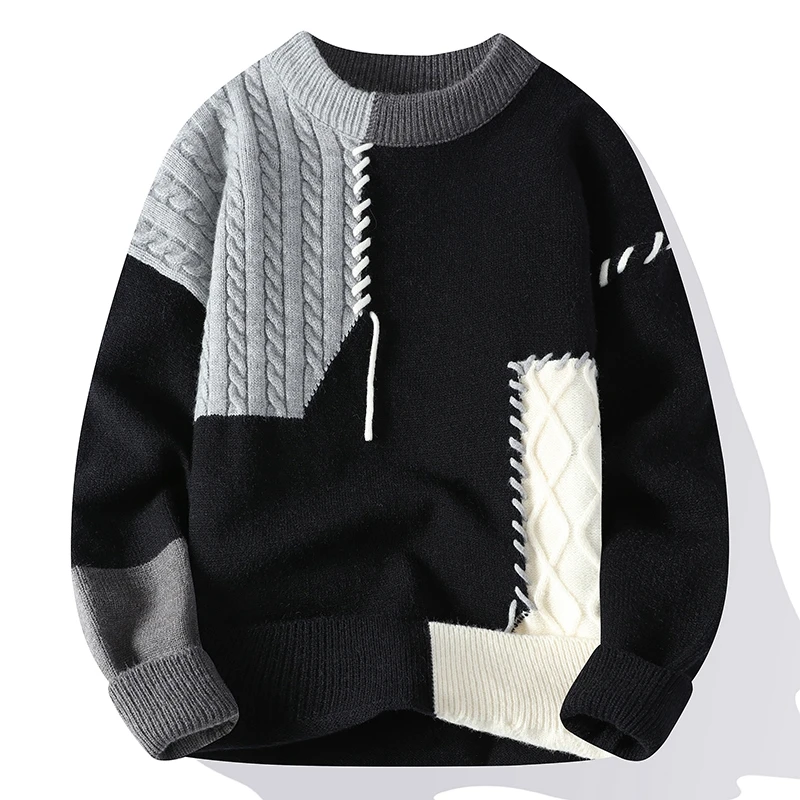 Męski sweter dzianinowy z panelami warkoczowymi typu patchwork i wykończeniem whipstitch