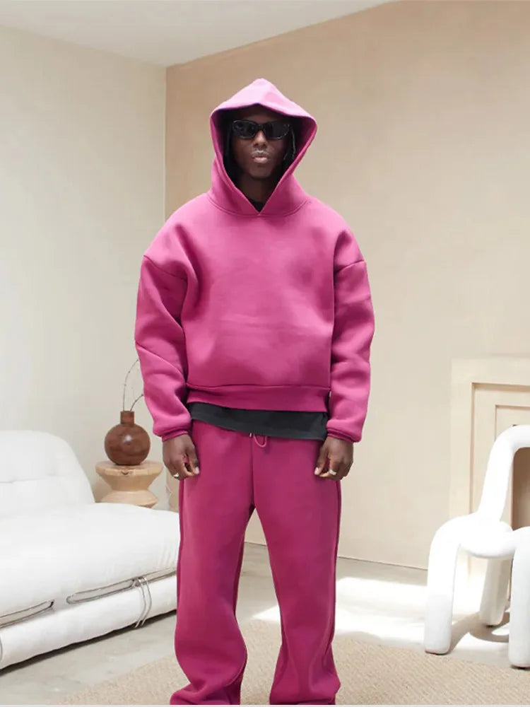 Męski Jesienny Zestaw z Oversize’ową Bluzy z Kapturem i Joggerami z Elastycznym Pasem