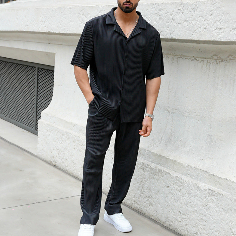 Męski Letni Garnitur z Koszulą z Krótkim Rękawem i Spodniami
