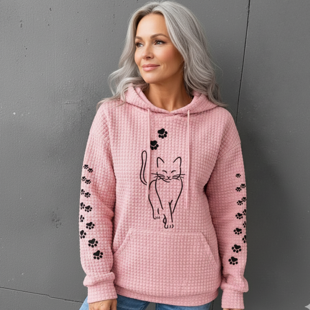 Damski Sweter Wafelkowy z Kotem i Rękawami Lampionowymi