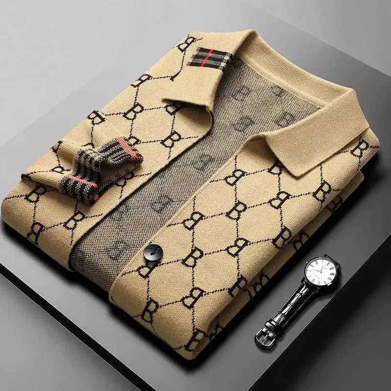 Męski kardigan z wzorem żakardowym i kontrastowymi ściągaczami