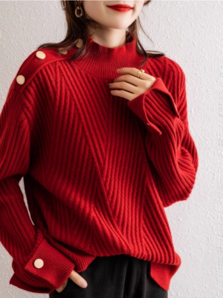 Damski Sweter Oversize Prążkowany z Wysokim Golfem i Guzikami