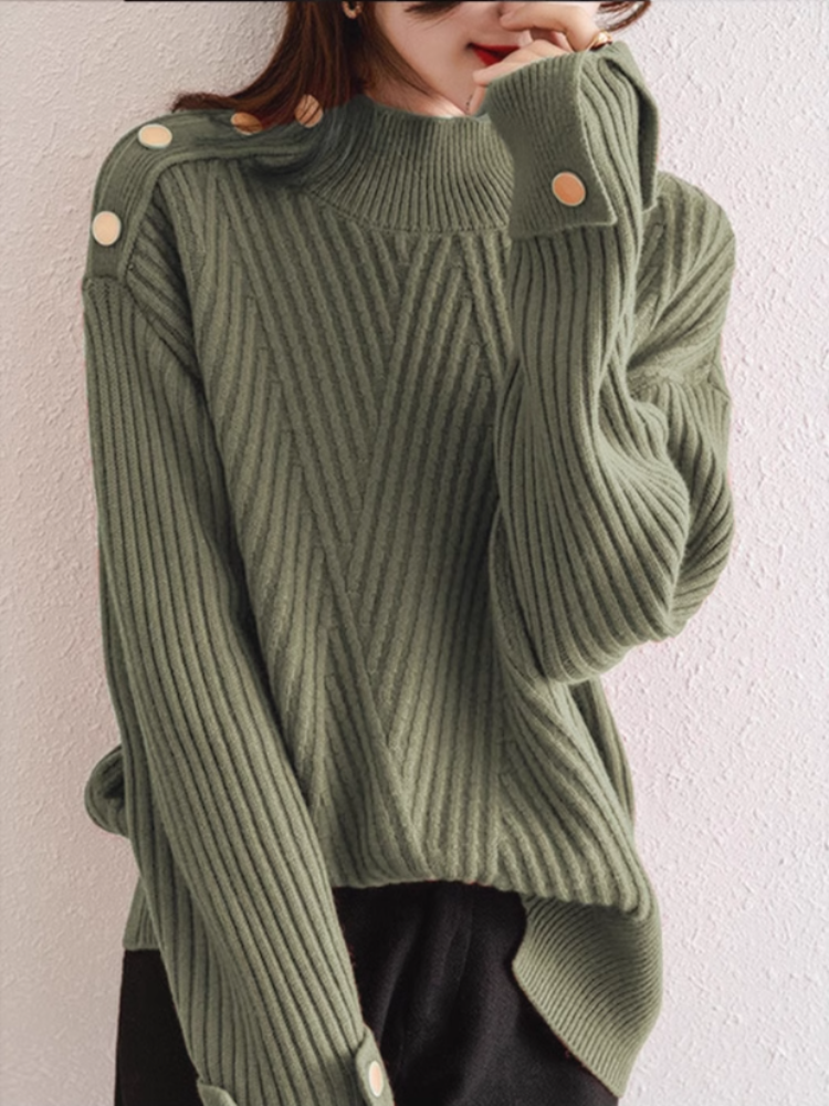 Damski Sweter Oversize Prążkowany z Wysokim Golfem i Guzikami