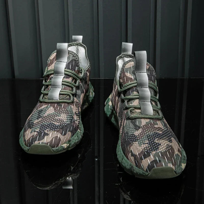 Męskie Sneakersy z Oddychającą Siateczką, Wzorem Moro i Grubą Podeszwą
