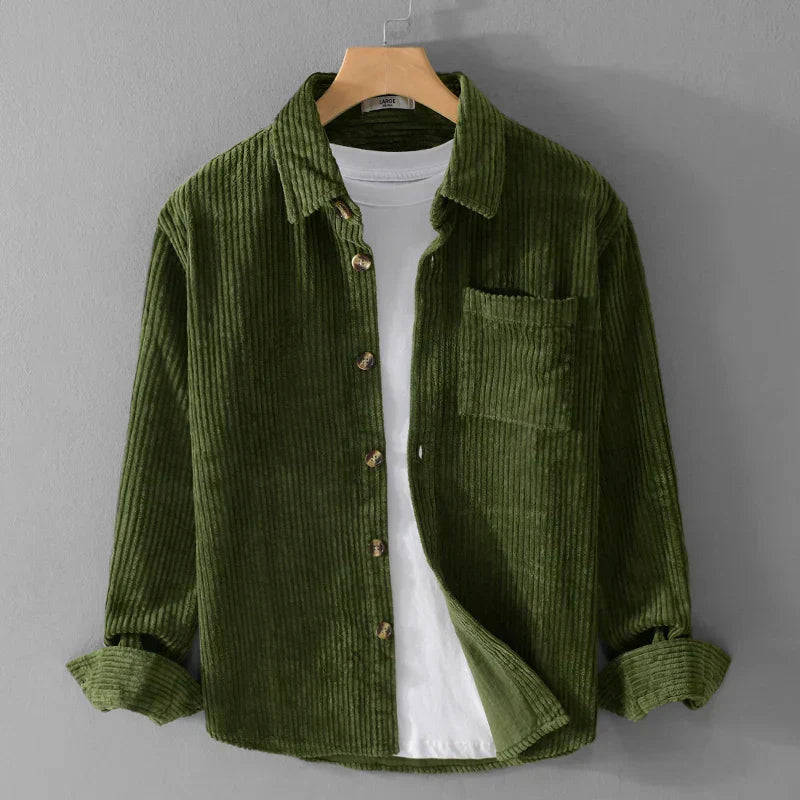 Męska Jesienna Kurtka-Overshirt z Zapięciem na Guziki i Kołnierzem w Szpic