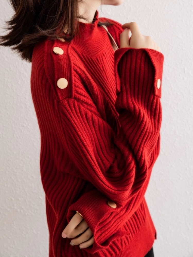 Damski Sweter Oversize Prążkowany z Wysokim Golfem i Guzikami