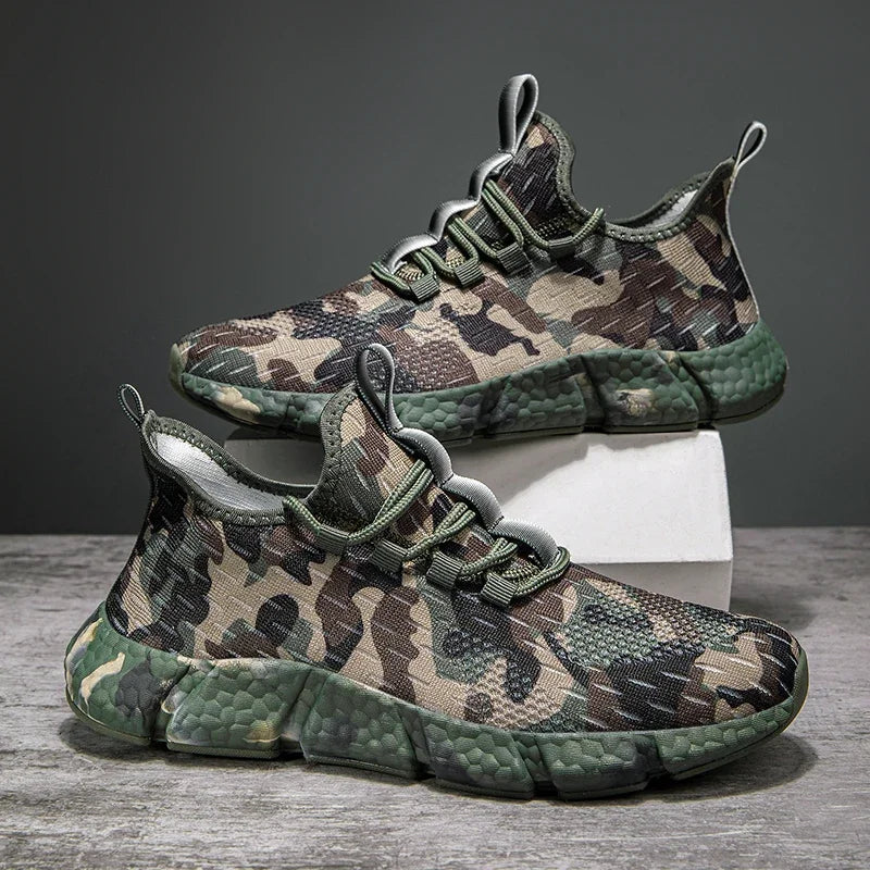 Męskie Sneakersy z Oddychającą Siateczką, Wzorem Moro i Grubą Podeszwą